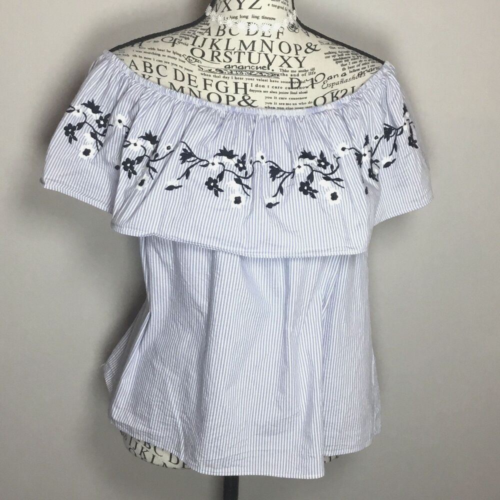 Blue white stripe peasant top on off shoulder cotton blend blue embroidery M/8